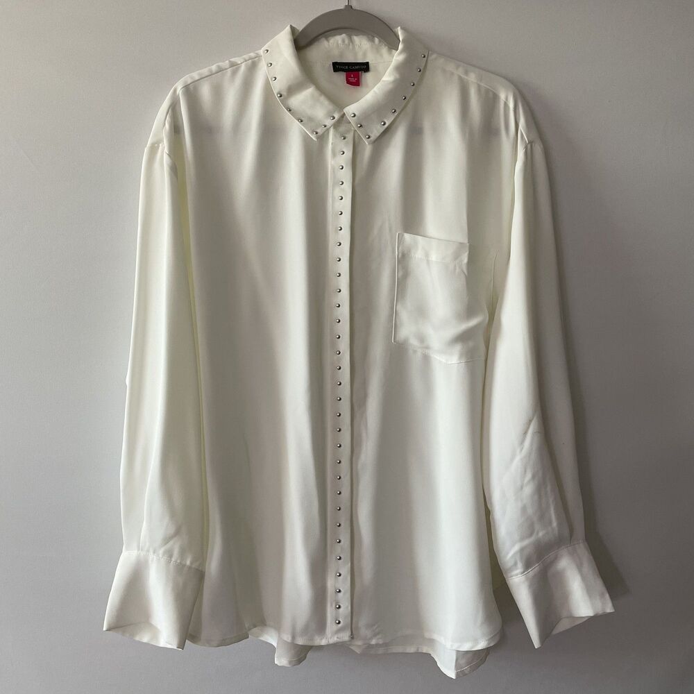 NWTI Vince Camuto Studded Collar Button Front Blouse White Long Sleeve Sz L-dmp